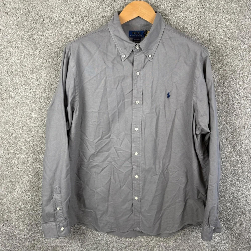 Polo Ralph Lauren Mens XL Classic Fit Grey Canvas Button Down Shirt Long Sleeve
